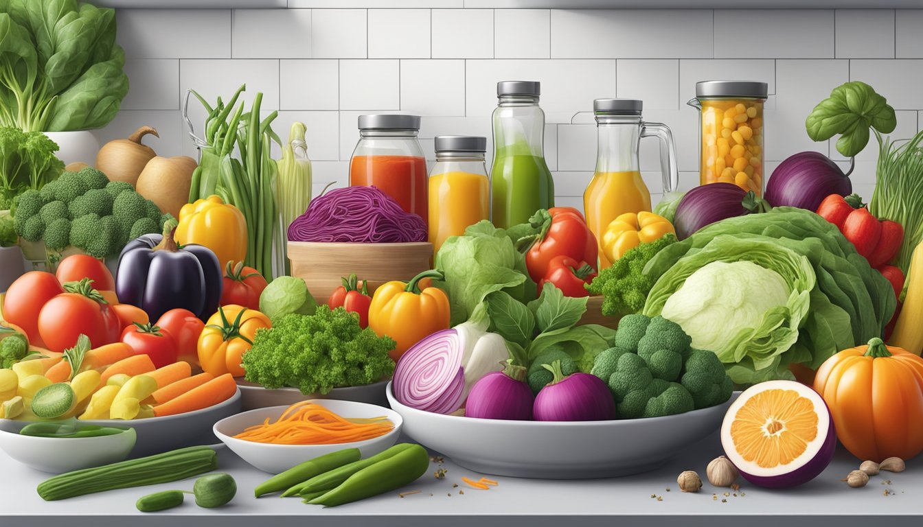 A colorful array of fresh vegetables and fruits, neatly spiralized and arranged on a clean kitchen counter, with various herbs and spices nearby for flavor enhancement