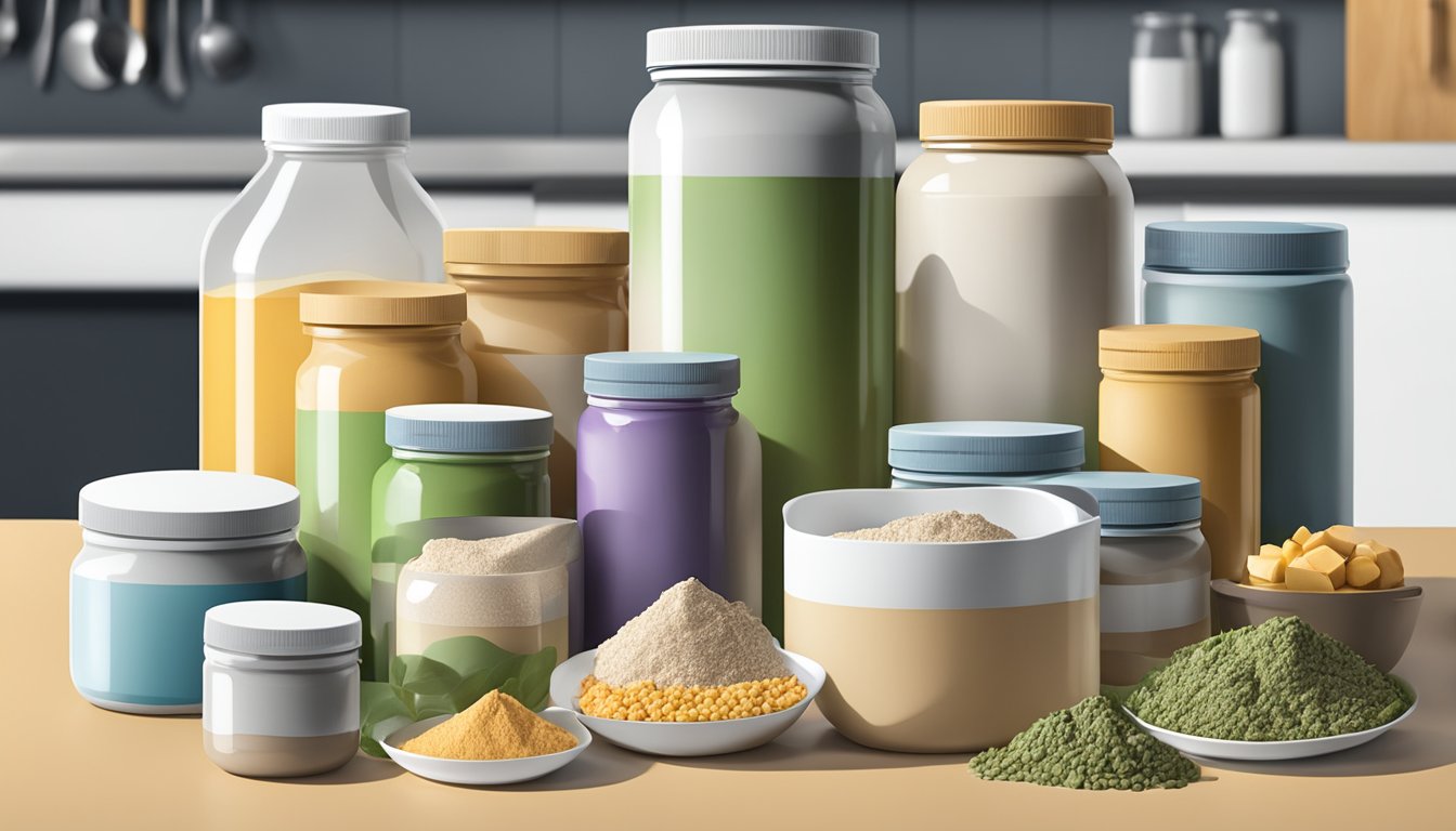 Various containers of supplements and protein powders arranged on a kitchen counter next to prepped meals and ingredients