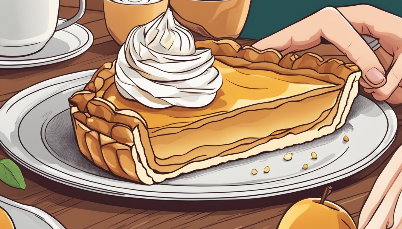 A hand placing a slice of apple tart on a plate with a dollop of whipped cream and a sprinkle of cinnamon