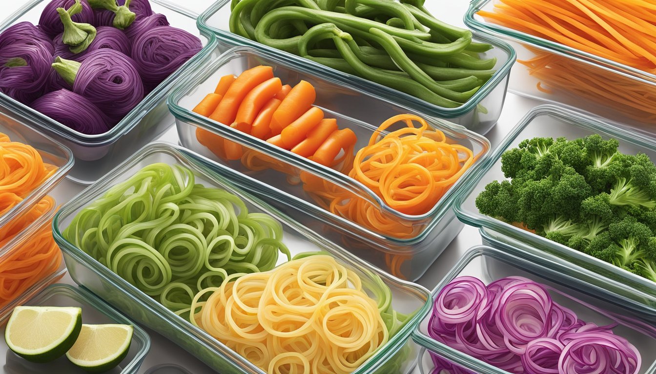 A colorful array of spiralized vegetables neatly organized in airtight containers, ready for easy meal prepping