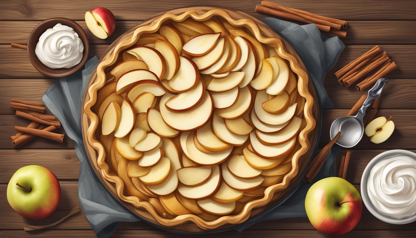 A freshly baked apple tart sits on a rustic wooden table, surrounded by scattered cinnamon sticks and whole apples. A dollop of whipped cream adorns the golden pastry