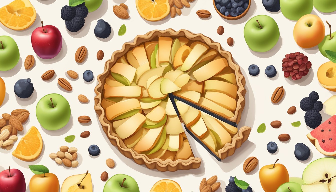 An apple tart surrounded by a variety of fresh fruits and nuts, with a measuring tape and nutritional information label nearby