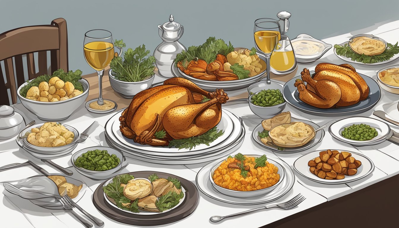 A table set with various side dishes and utensils next to a roasted chicken on a platter