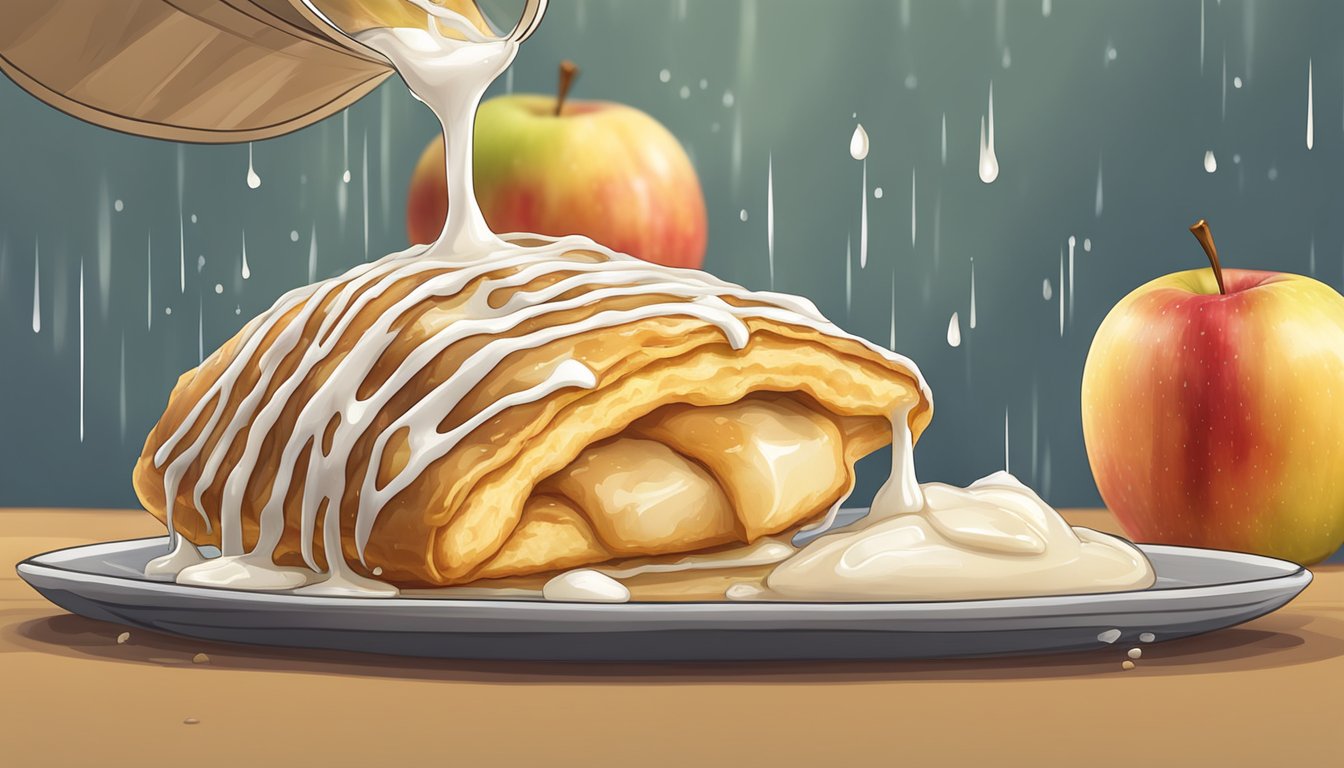 An apple turnover being drizzled with glaze as steam rises