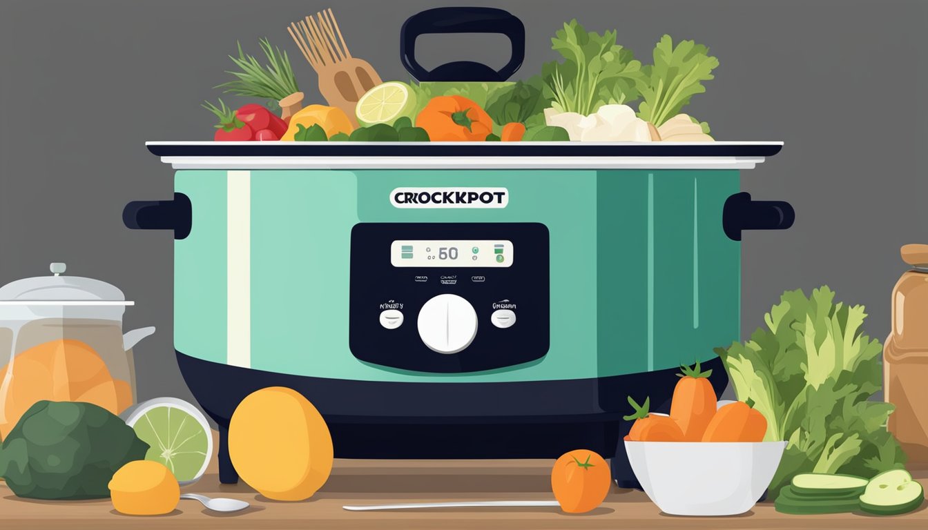 A crockpot surrounded by various fresh ingredients and kitchen utensils on a clean countertop