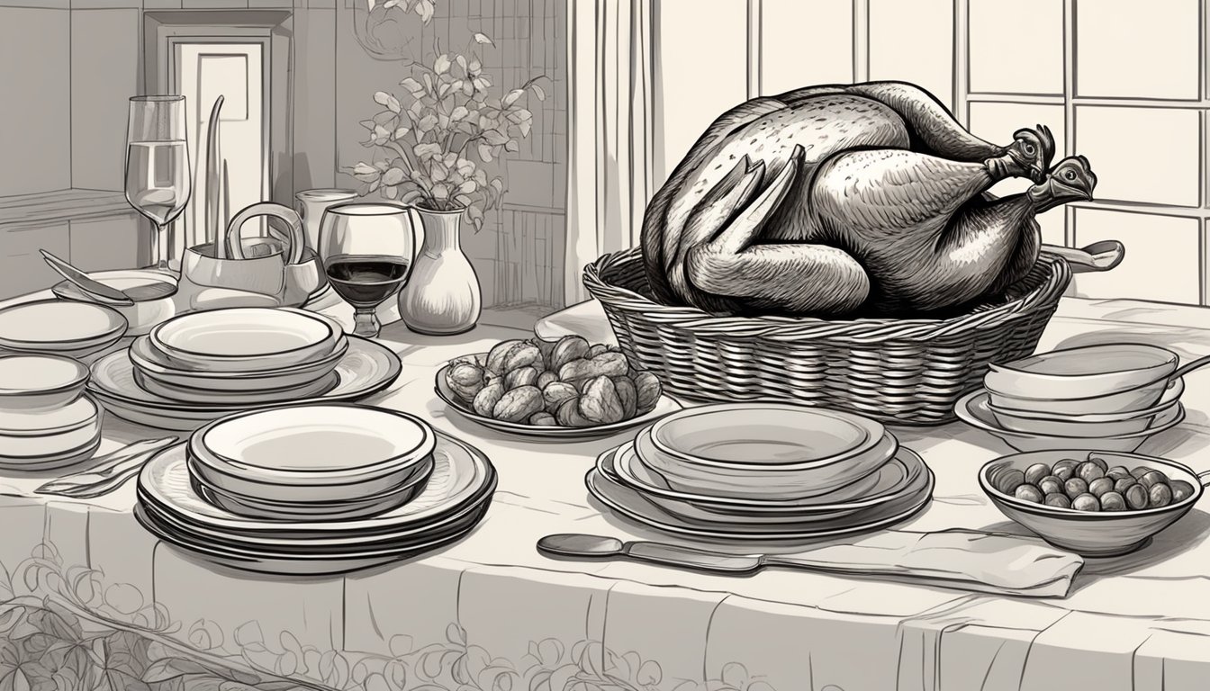 A table set with a carved roast chicken, empty plates, and utensils. A bowl of steamed vegetables and a basket of bread sit nearby