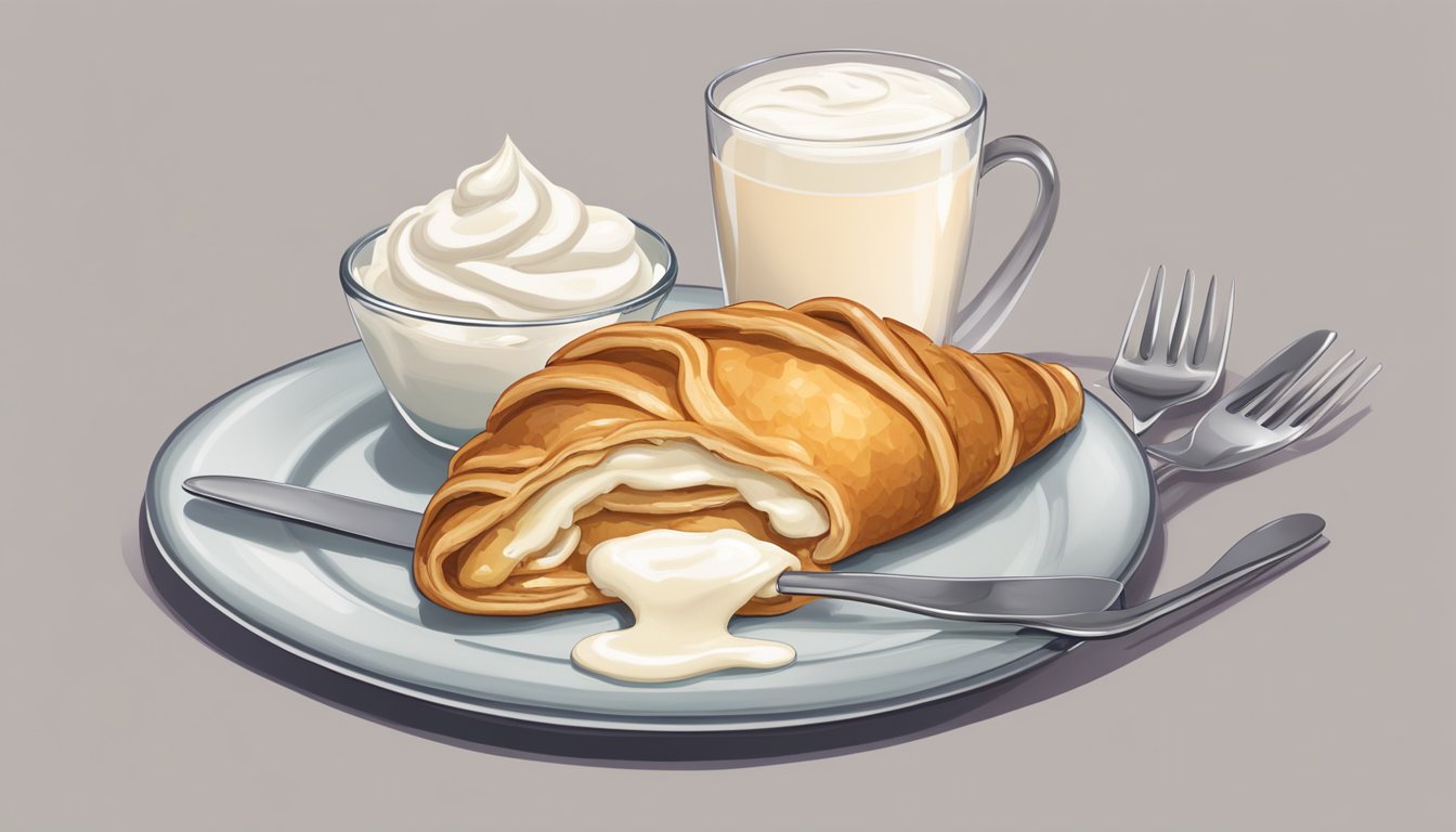 An apple turnover sits on a plate next to a dollop of whipped cream, with a fork nearby. A glass of milk is placed on the side