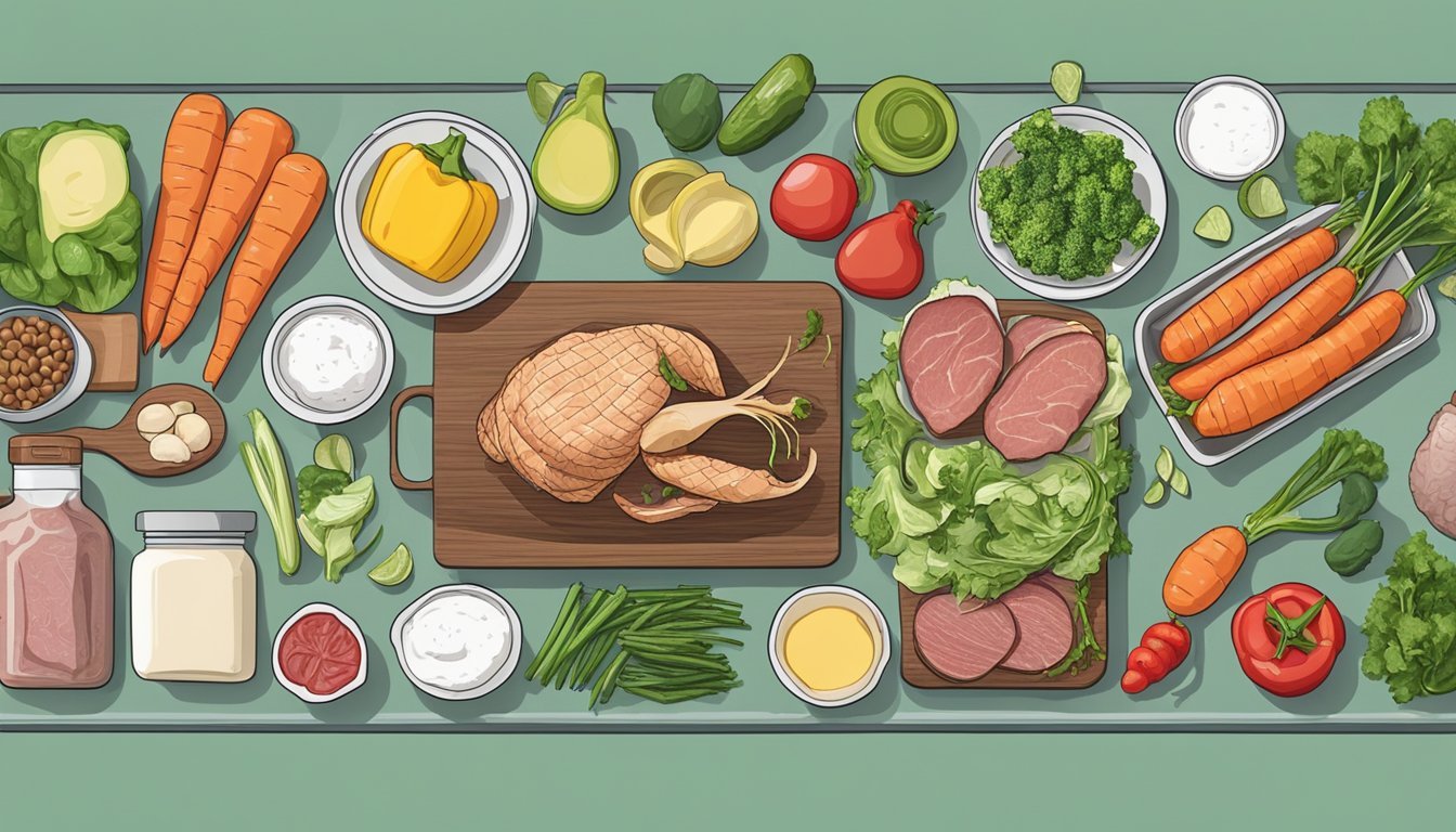 A kitchen counter with various fresh vegetables, lean meats, and healthy fats laid out for meal prepping