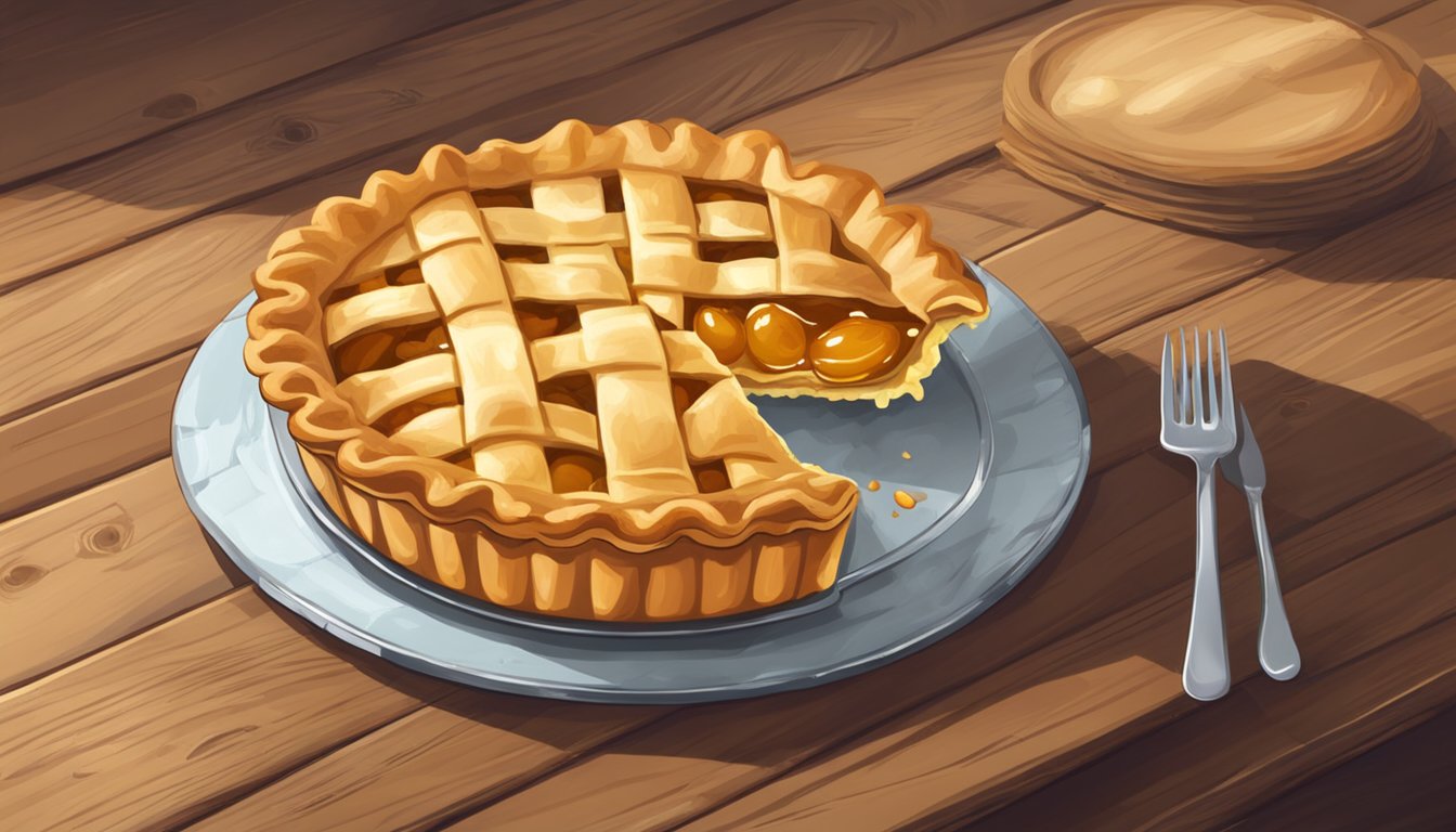 A whole apple pie with a golden crust, steam rising from the warm filling, resting on a rustic wooden table