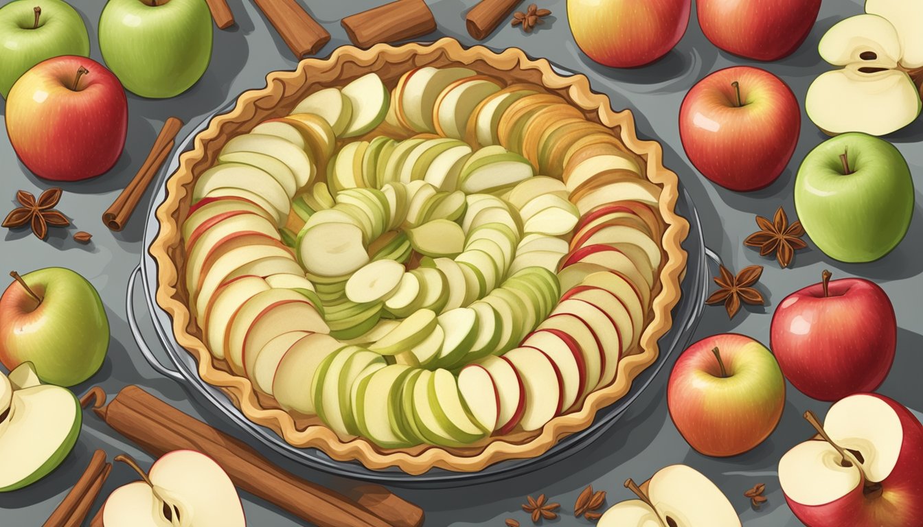 Apples being sliced, mixed with sugar and spices, then poured into a pie crust and baked in the oven