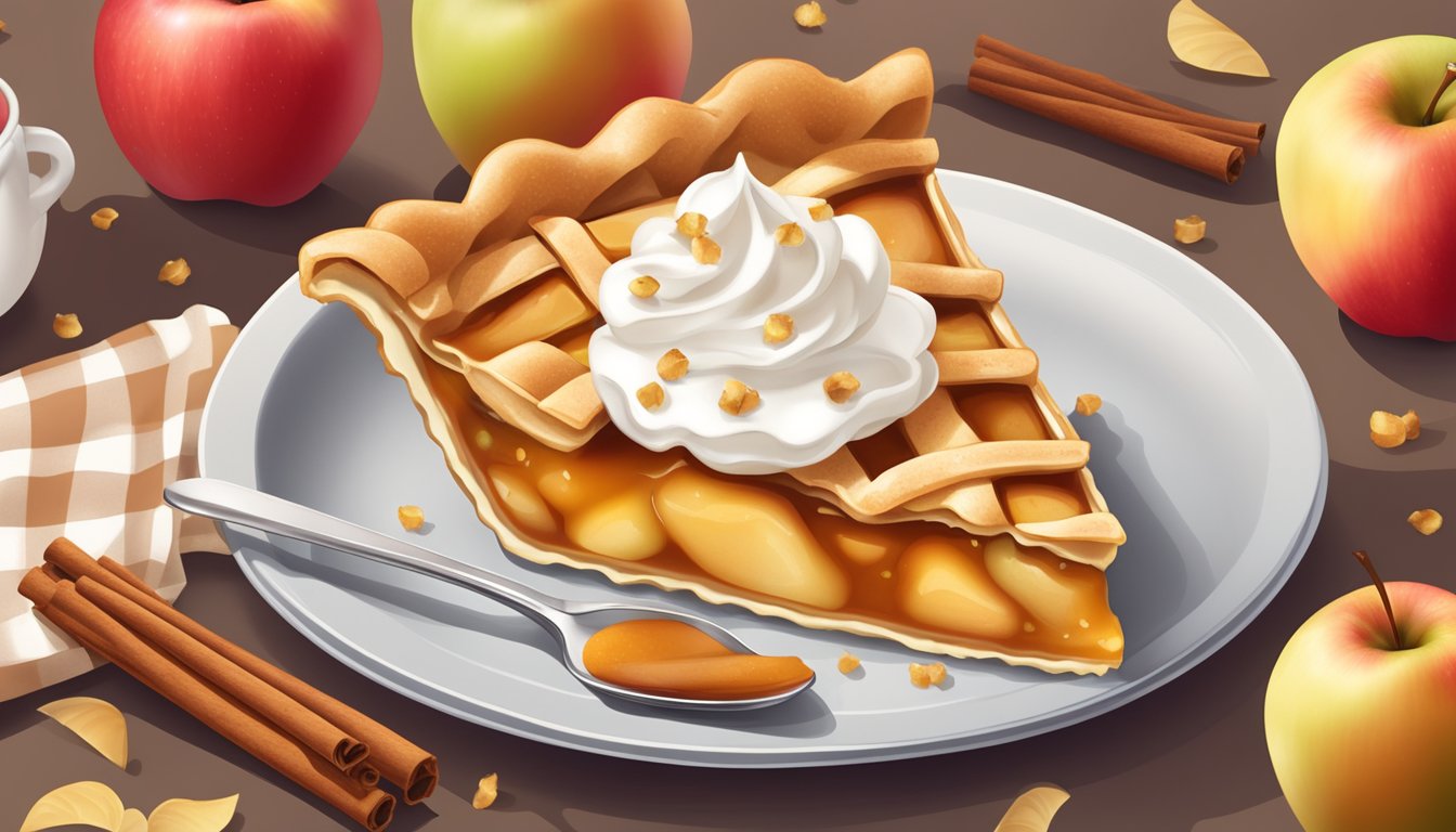 A slice of apple pie with a dollop of whipped cream on top, surrounded by a few scattered apple slices and a sprinkle of cinnamon