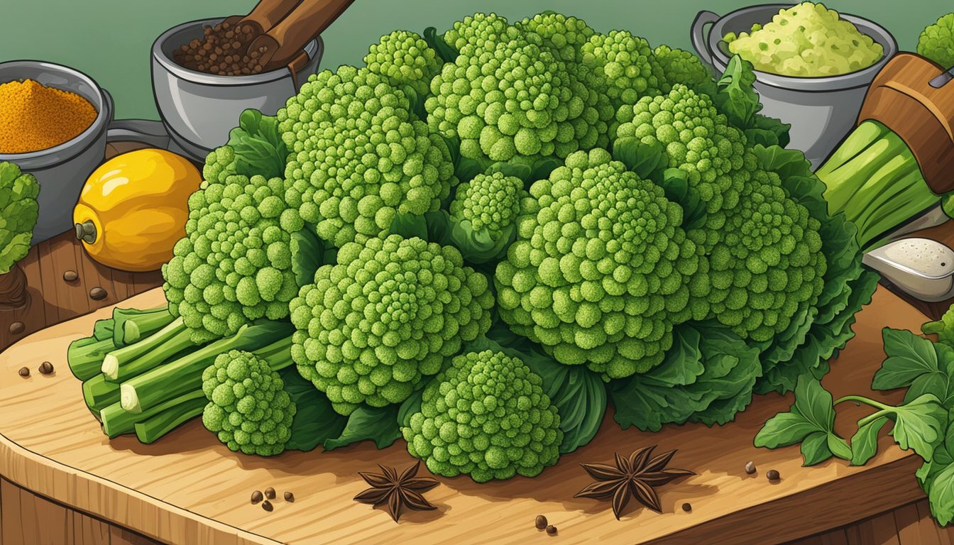 A romanesco sits on a wooden cutting board surrounded by various spices and herbs. A chef's knife is poised to slice into the vibrant green vegetable