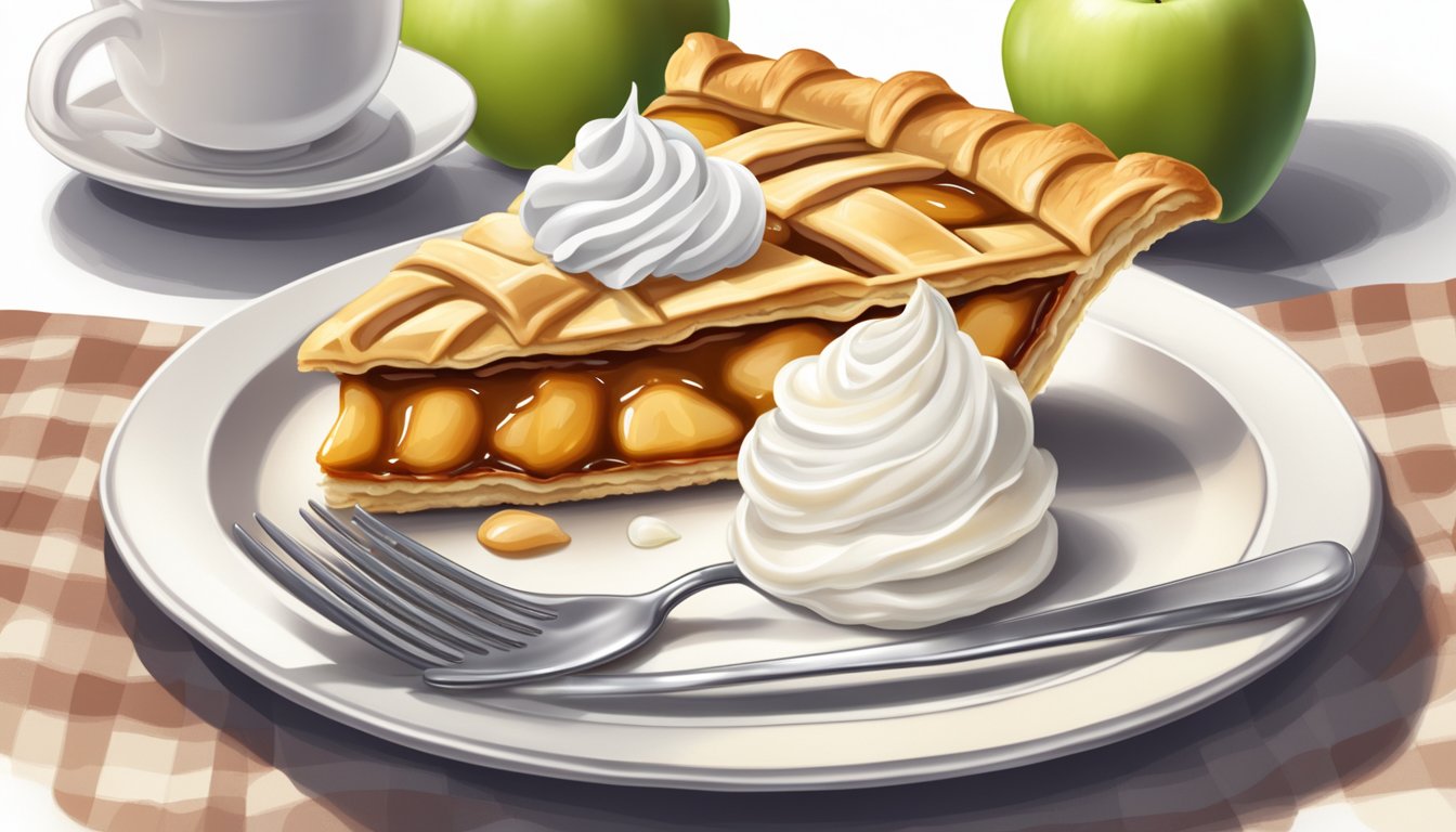 A slice of apple pie being served on a plate, with a dollop of whipped cream on top, and a fork resting beside it