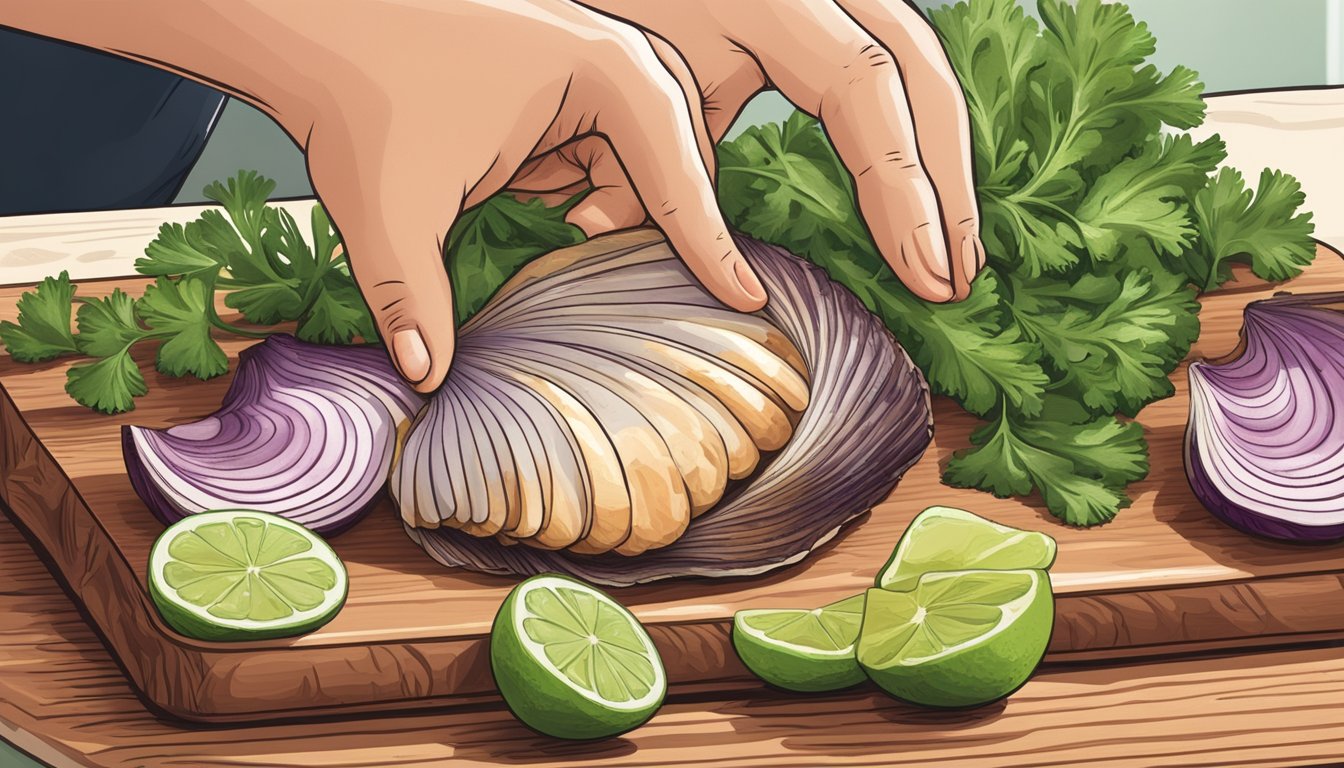 A hand reaching for a fresh scallop, lime, cilantro, and red onion, laid out on a wooden cutting board