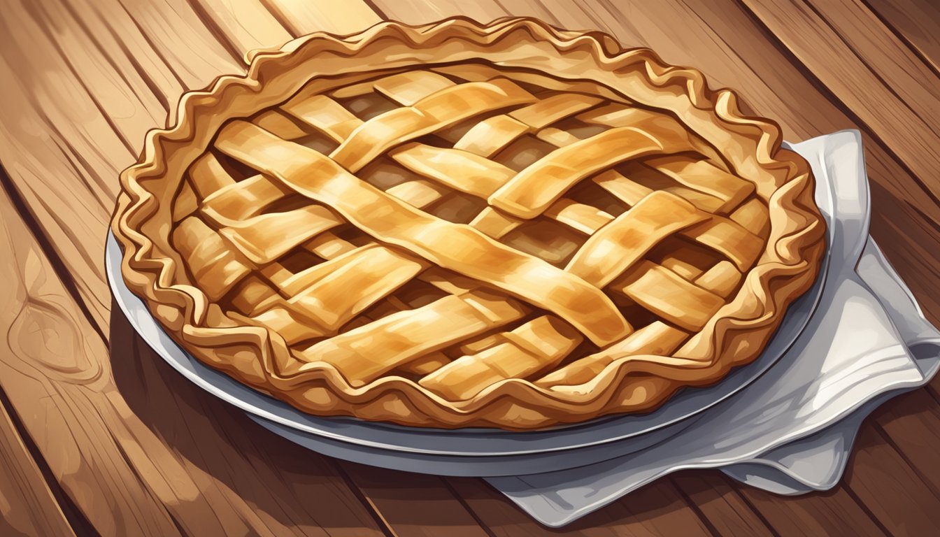 An apple pie sits on a rustic wooden table, adorned with a lattice crust and steam rising from its golden filling