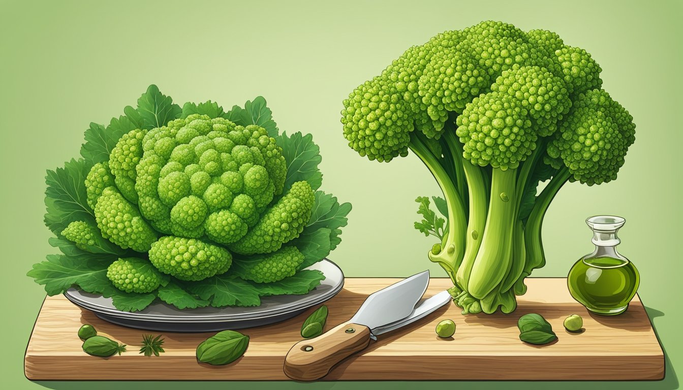 A romanesco sits on a wooden cutting board surrounded by fresh herbs and a small dish of olive oil. A knife is poised to slice into the unique green fractal pattern of the vegetable