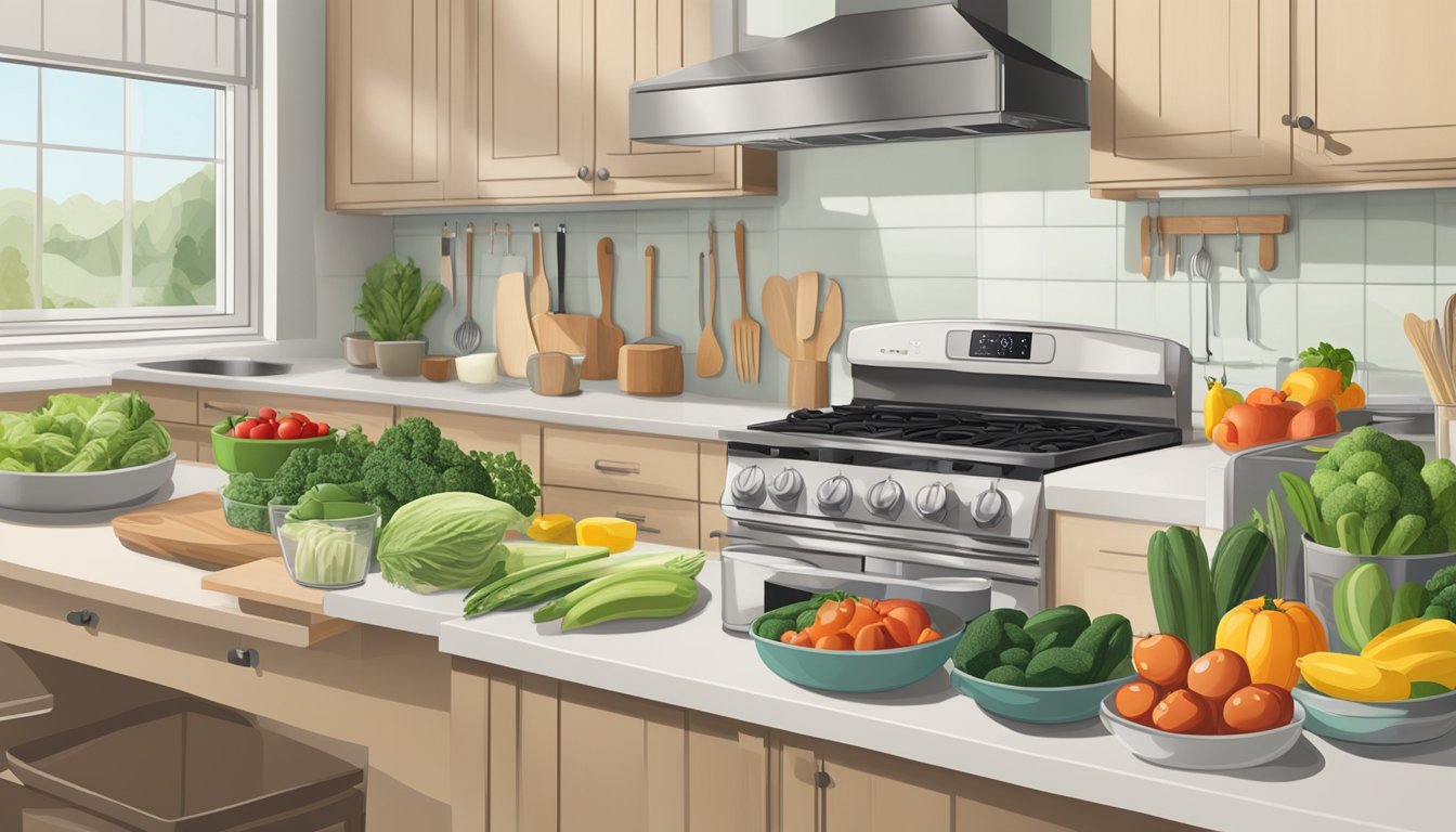 A kitchen counter with organized containers of whole30-approved food, surrounded by fresh produce and cooking utensils