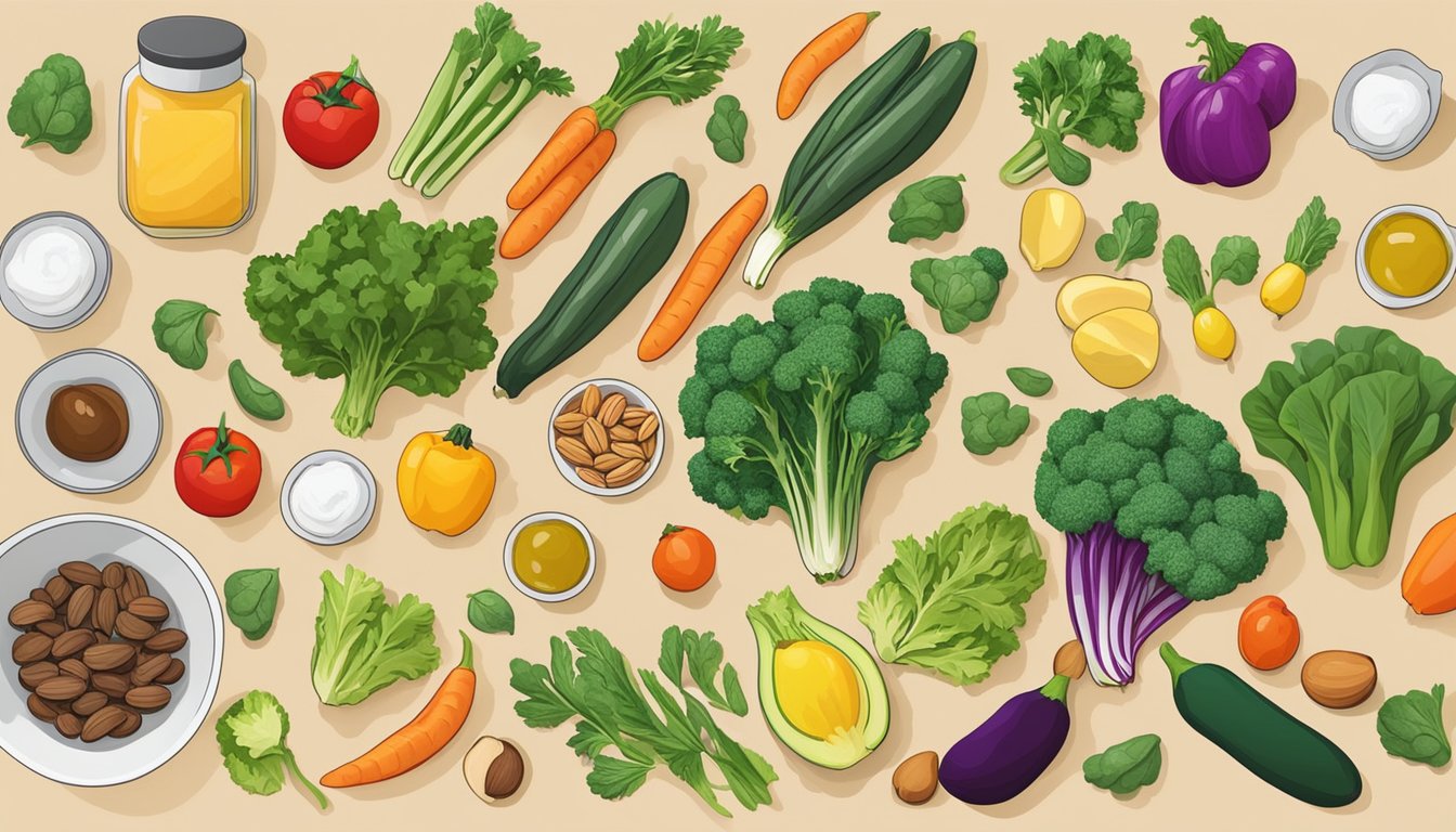 A kitchen counter with various colorful vegetables, nuts, and oils laid out for meal prepping