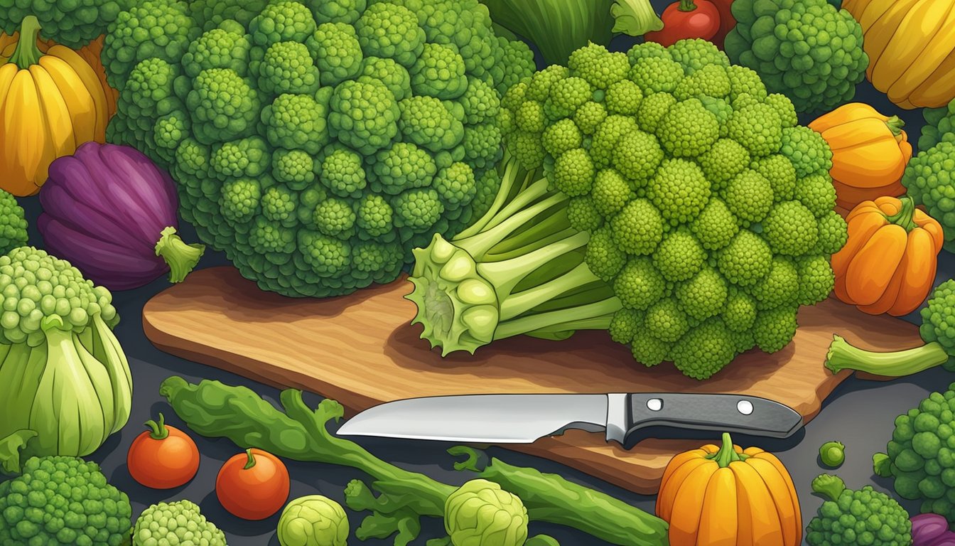 A romanesco sits on a cutting board, surrounded by colorful vegetables. A knife is poised to slice into the unique fractal pattern of the romanesco's florets