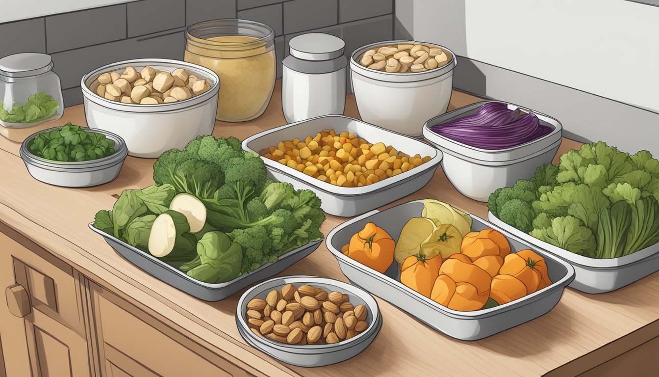 A kitchen counter with assorted vegetables, nuts, and tofu, alongside containers for portioning and meal prep