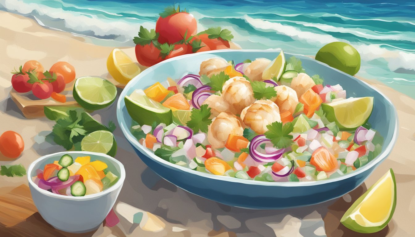 A scallop ceviche being enjoyed on a sunny beach with a backdrop of crashing waves and a colorful array of fresh ingredients