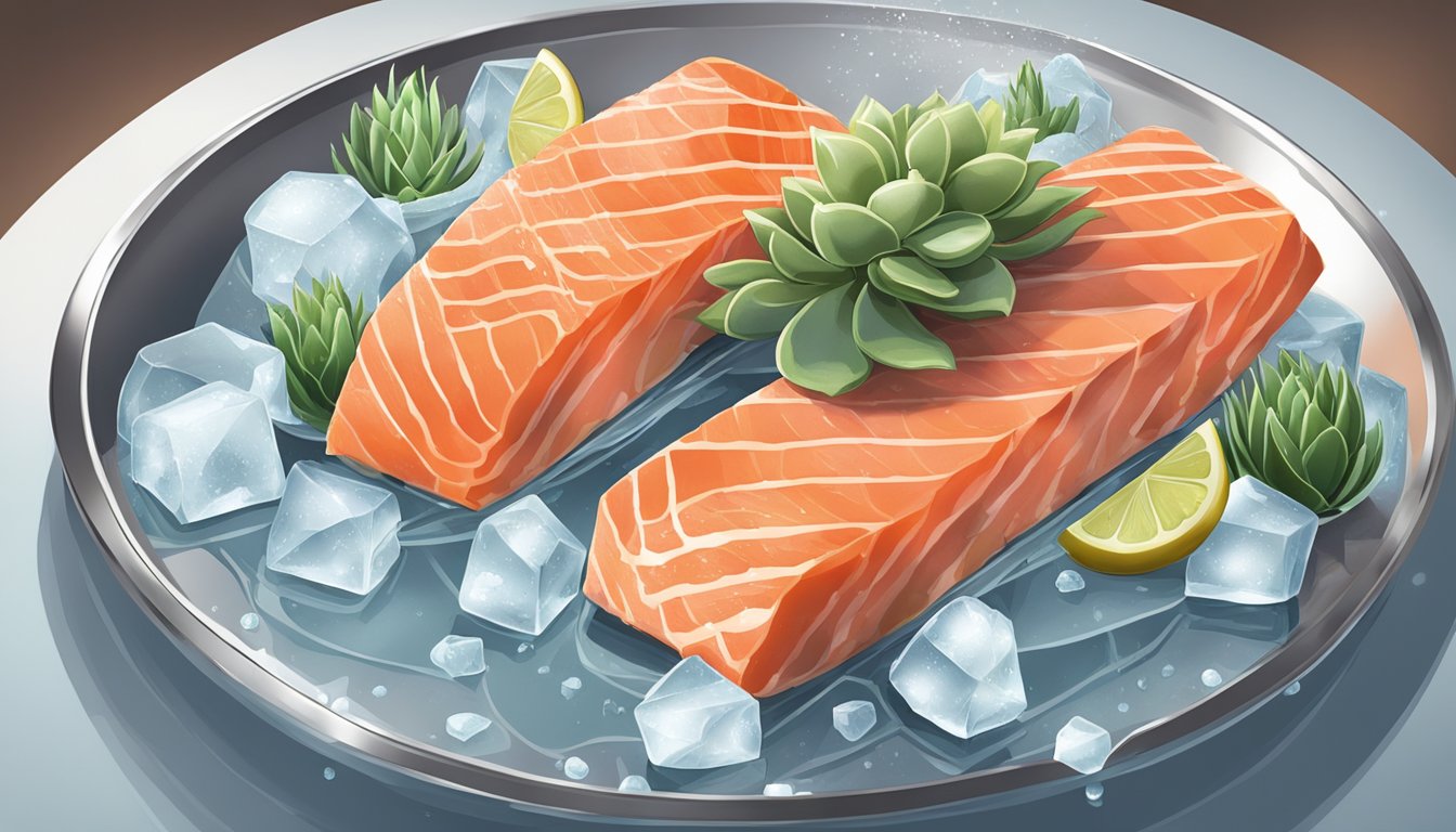 A pair of stainless steel tongs delicately lifts a succulent salmon fillet from a bed of ice, ready to be grilled to perfection