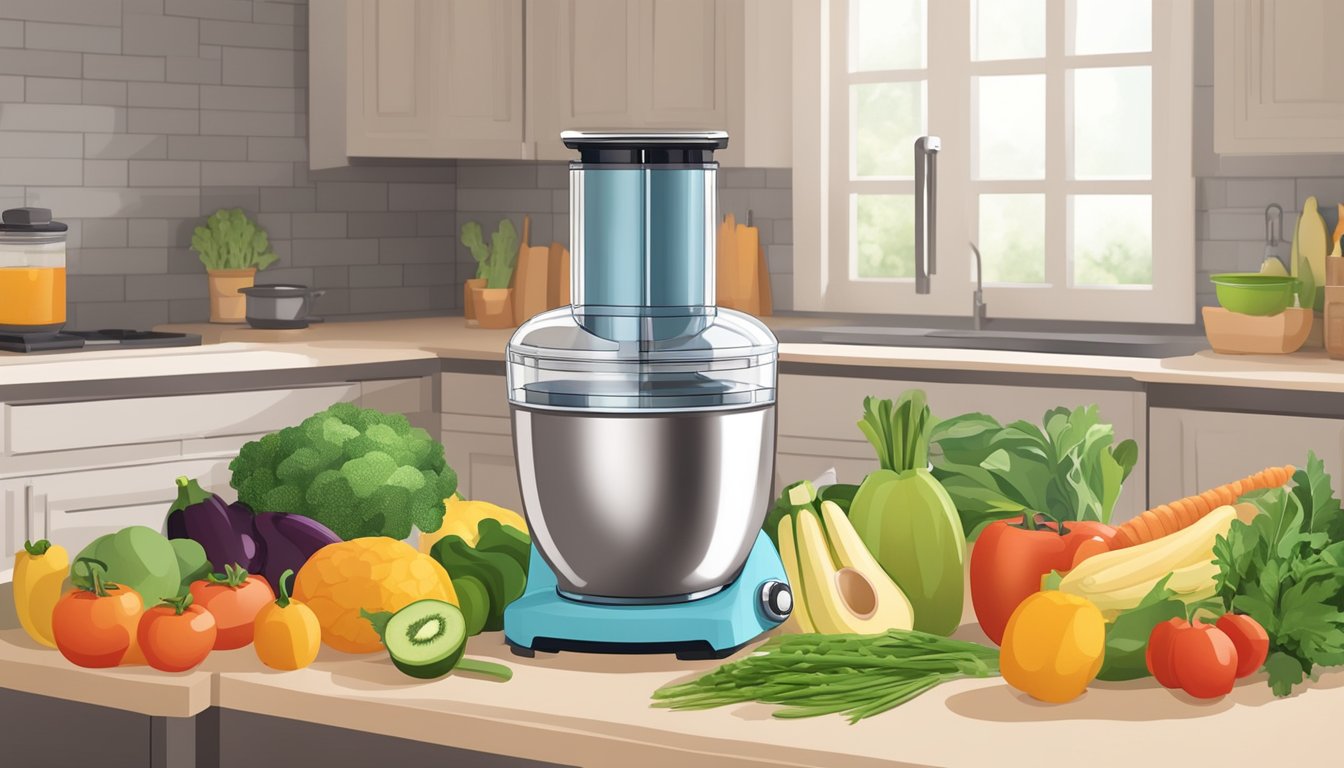 A food processor sits on a kitchen counter surrounded by fresh vegetables, fruits, and grains. Meal prep containers are neatly arranged nearby