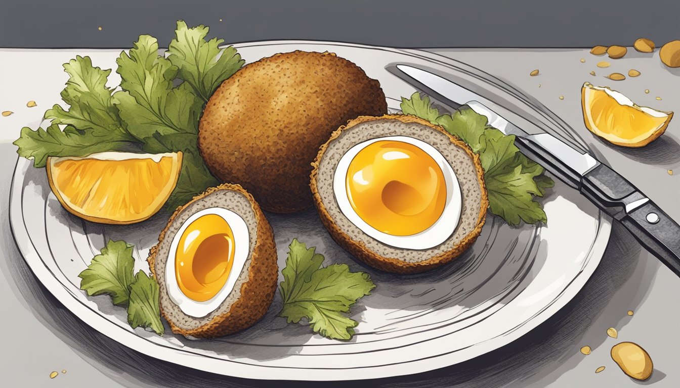 A scotch egg on a plate with a knife slicing through the crispy outer layer to reveal the golden, runny yolk inside