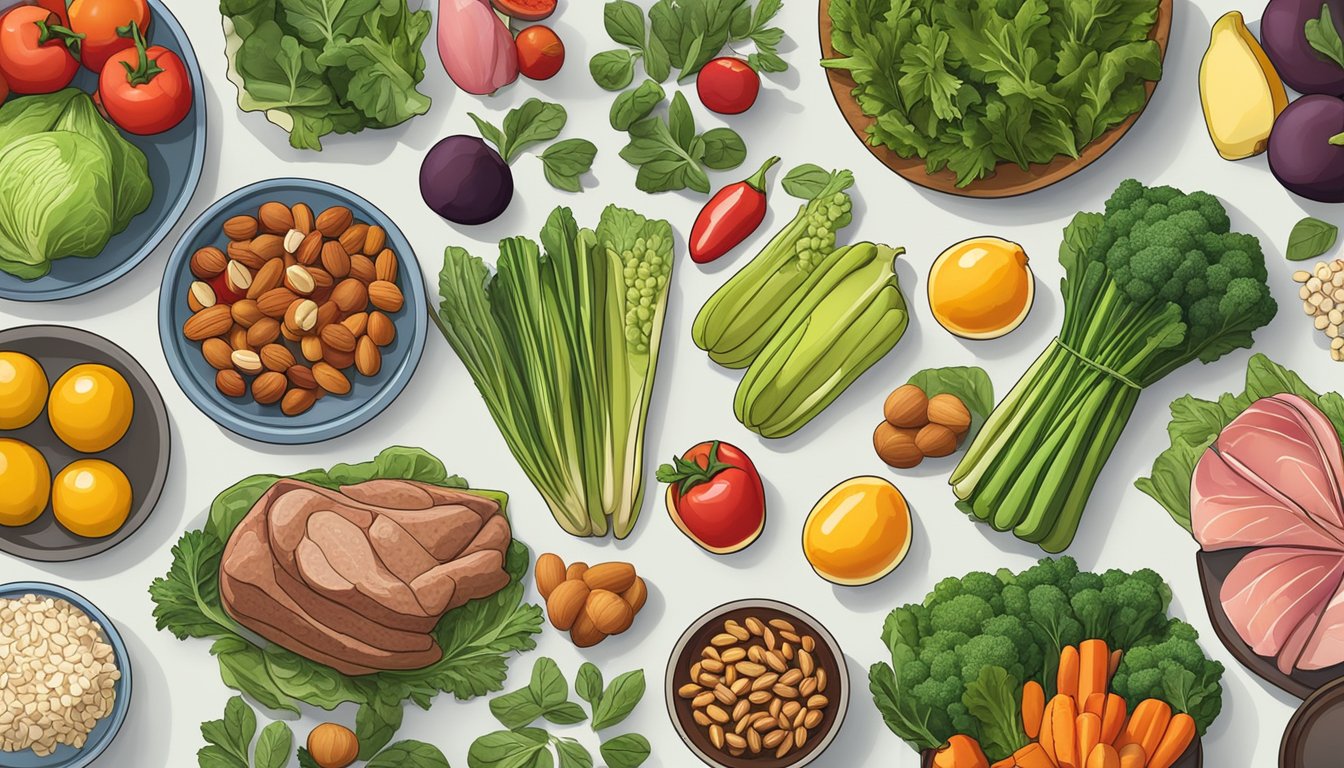 A kitchen counter with assorted fresh vegetables, lean meats, nuts, and fruits laid out for meal prep