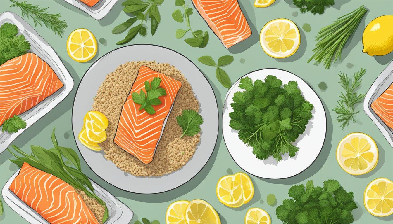 A salmon fillet surrounded by fresh herbs and lemon slices, placed on a bed of quinoa and steamed vegetables