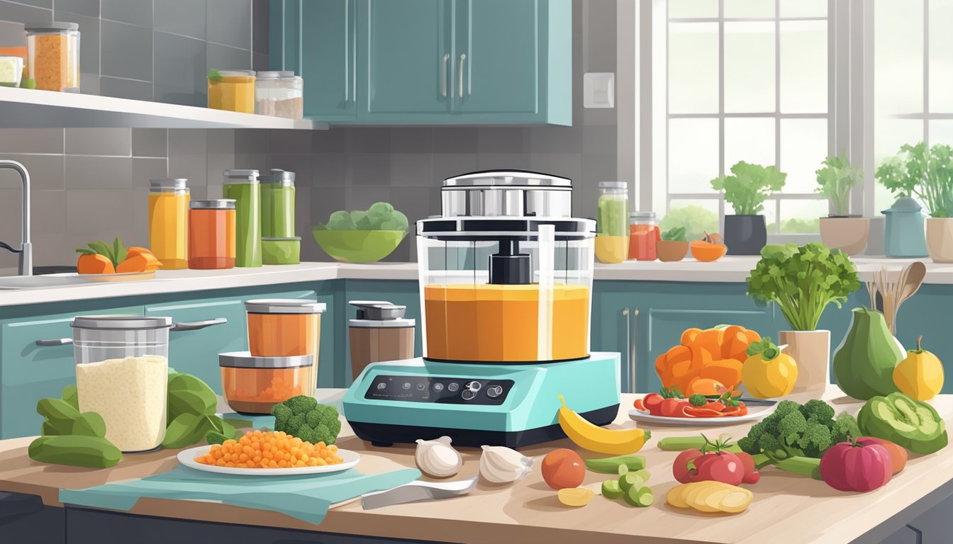 A food processor surrounded by fresh ingredients and meal prep containers on a clean kitchen counter