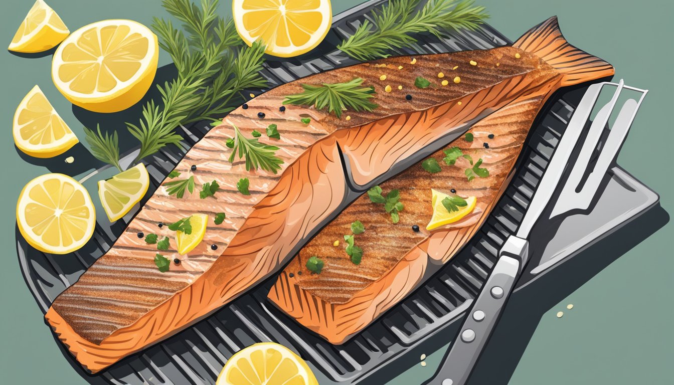 A salmon fillet being grilled on a barbecue with a sprinkle of herbs and lemon slices on top