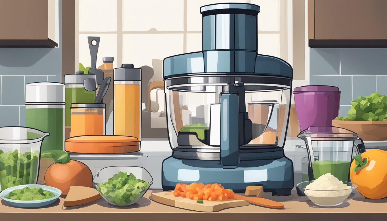 A food processor surrounded by various containers, cutting boards, knives, and measuring cups on a kitchen counter for meal prepping