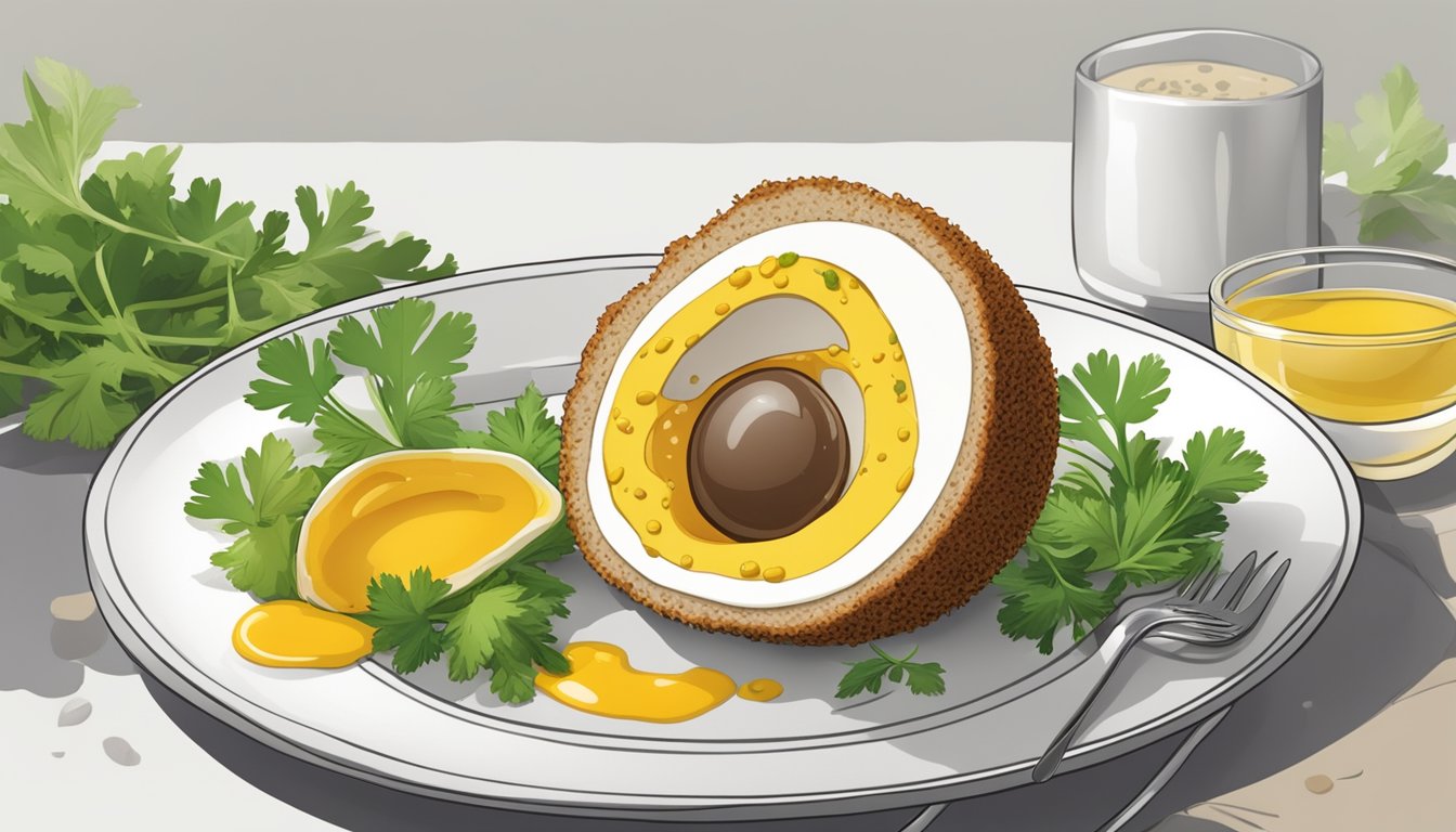 A plate with a halved scotch egg, surrounded by a dollop of mustard and a sprig of parsley