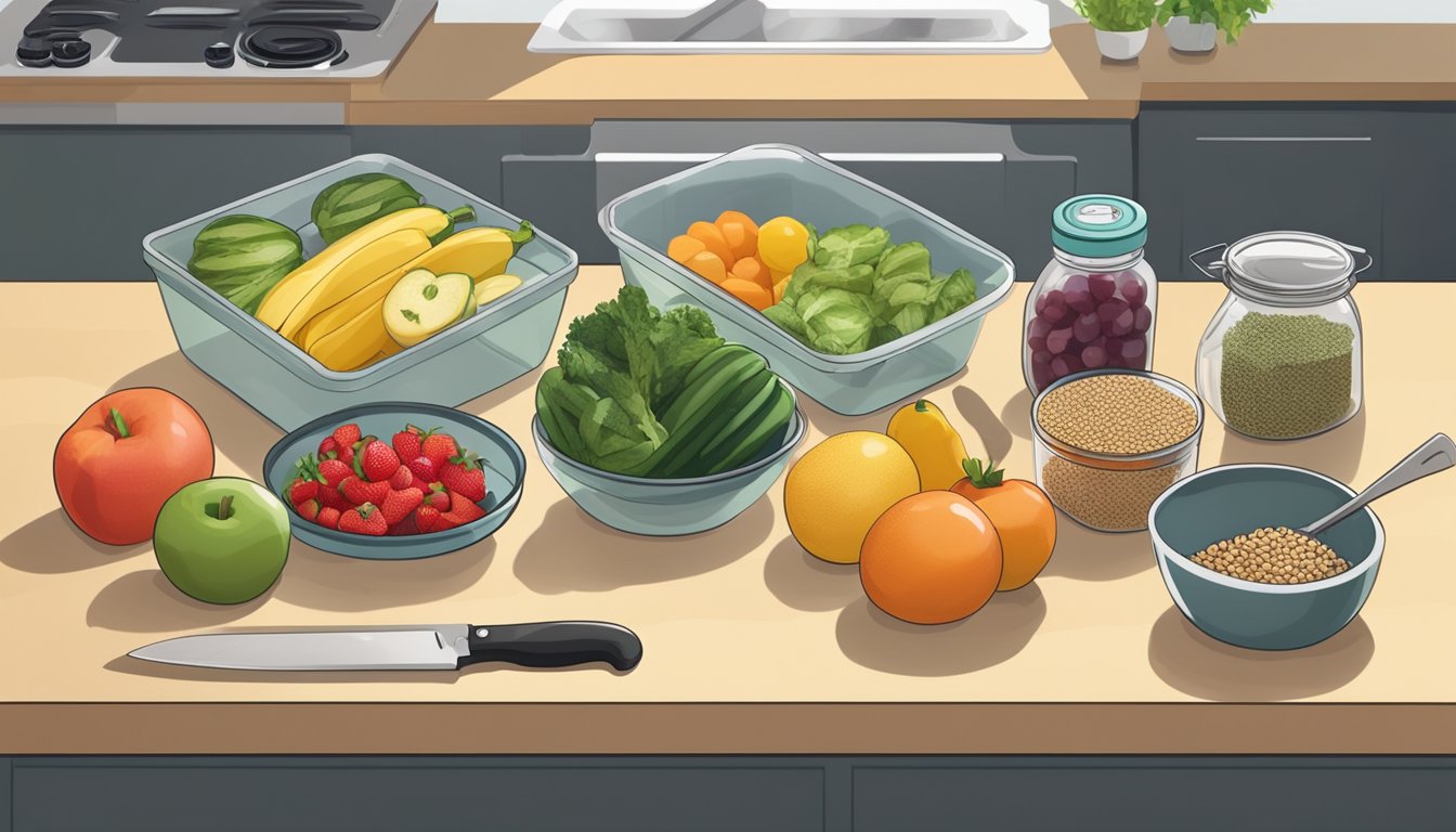 A kitchen counter with organized containers of pre-cut fruits, vegetables, and cooked grains. A cutting board and knife are nearby, ready for meal prep