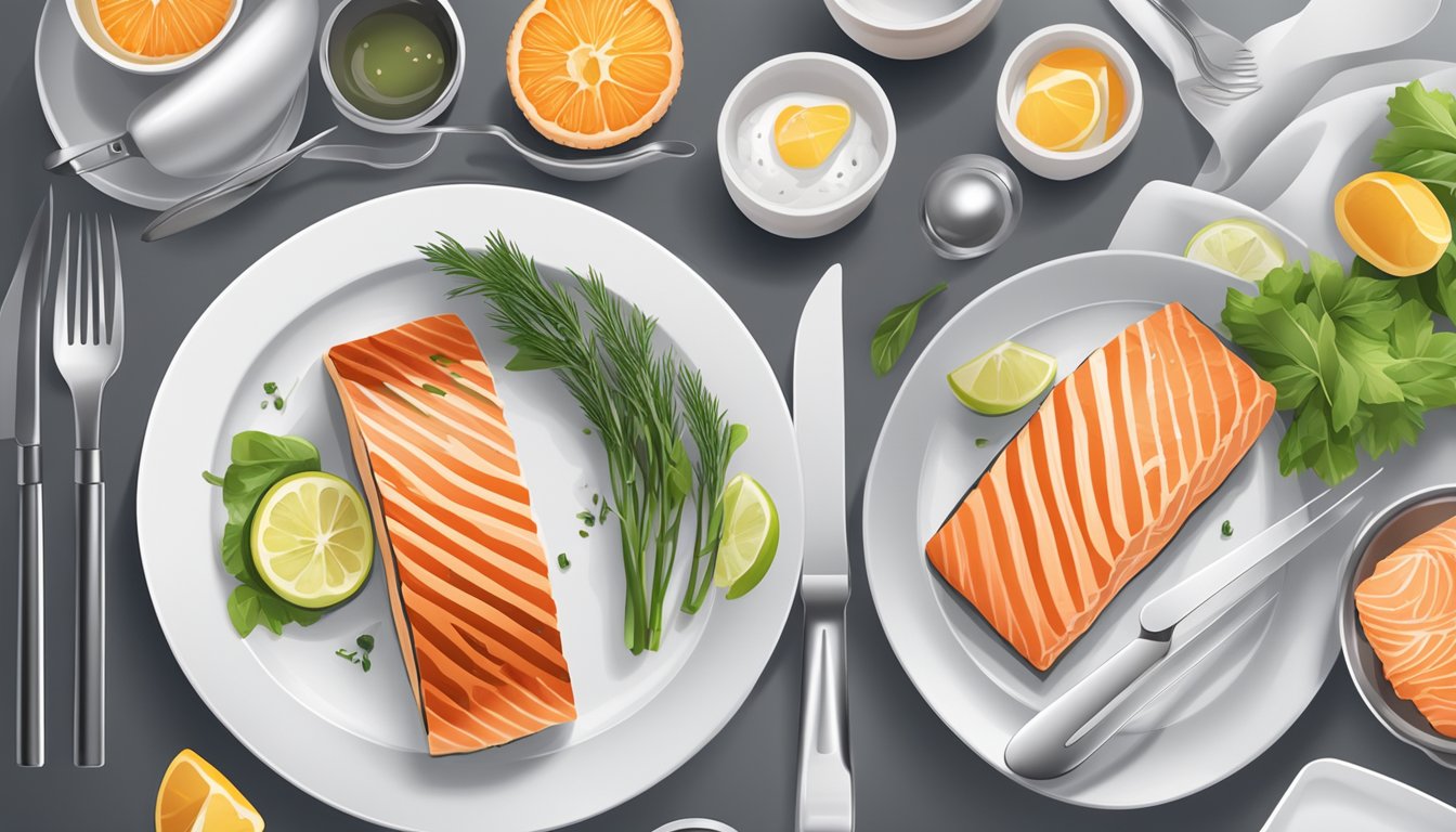 A fork and knife cutting into a perfectly grilled salmon fillet on a white plate, surrounded by a set of sleek, modern cookware and utensils