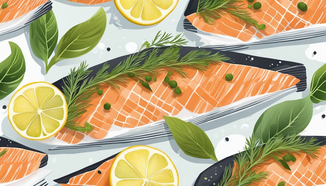 A salmon fillet being sprinkled with herbs and drizzled with lemon juice