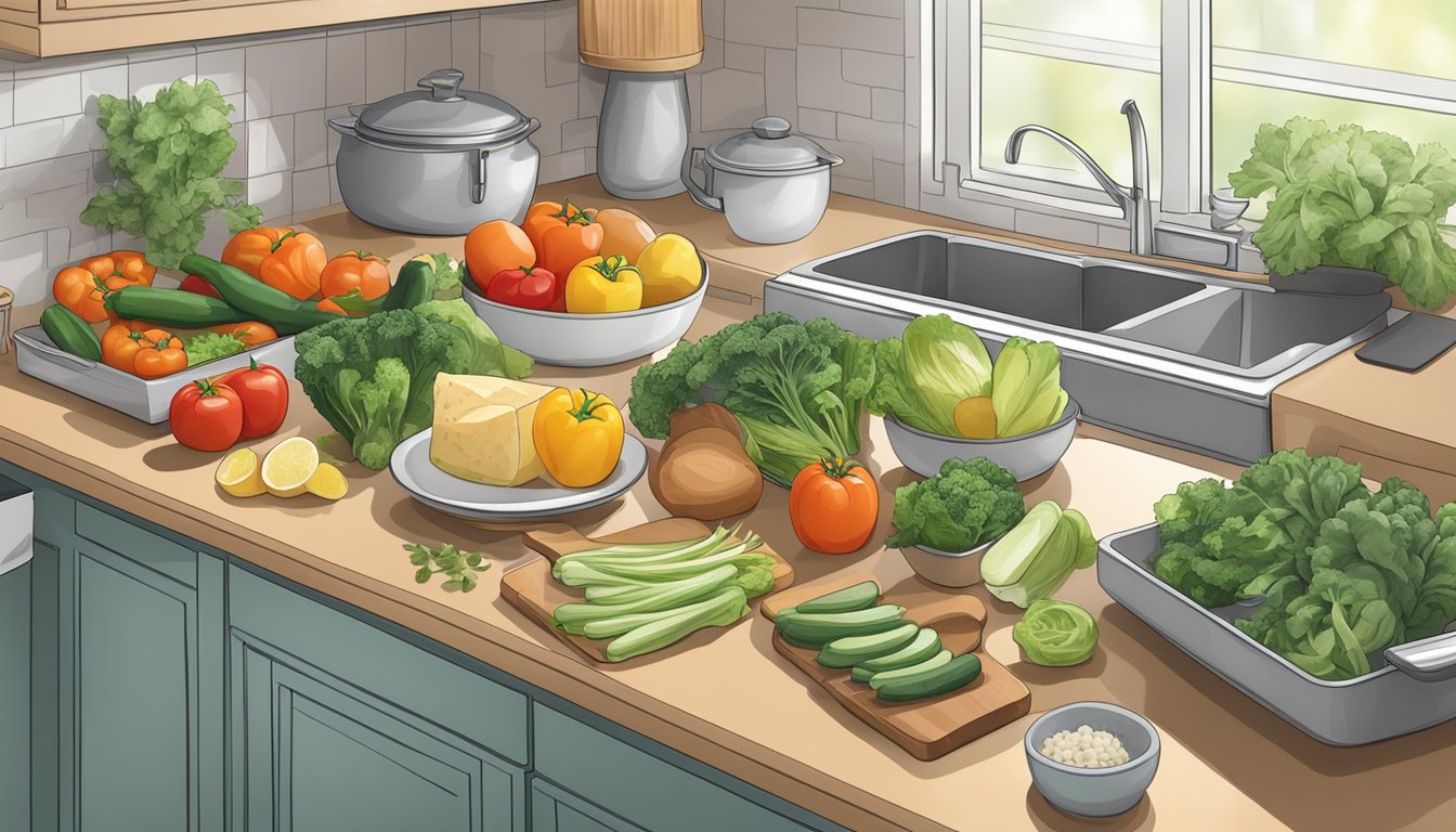 A clean, organized kitchen counter with assorted fresh vegetables, cutting boards, and containers ready for meal prepping