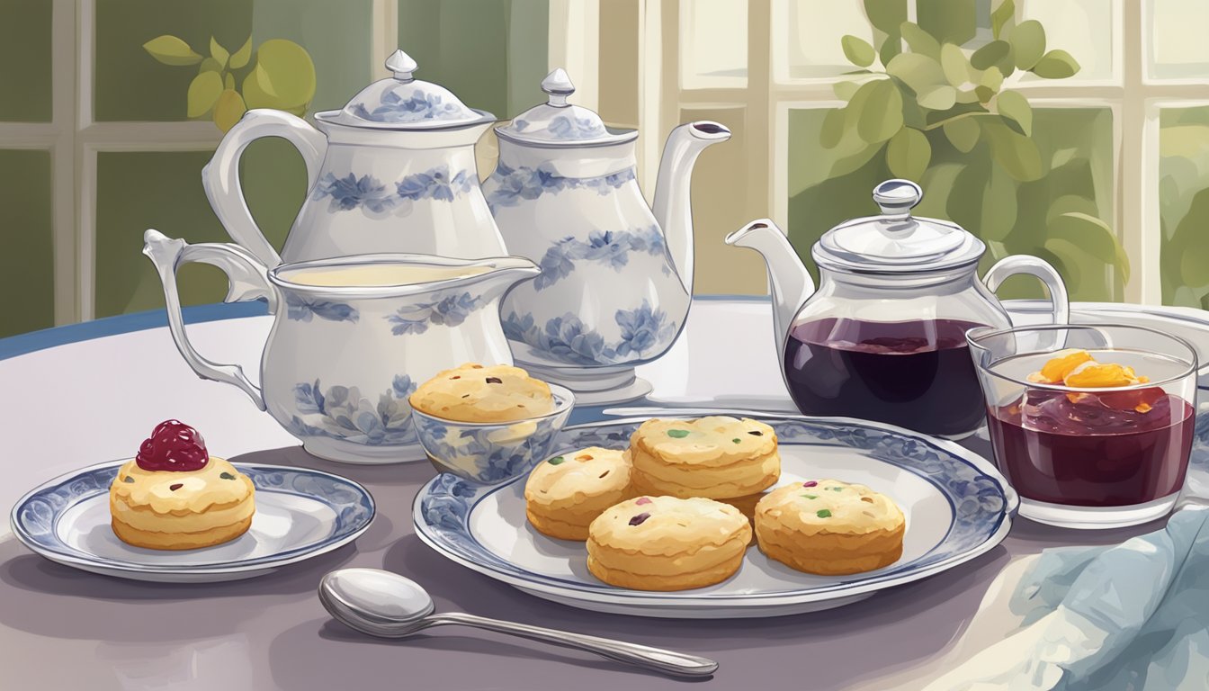 A table set with an assortment of scones on a decorative plate, accompanied by a pot of jam and a dollop of clotted cream