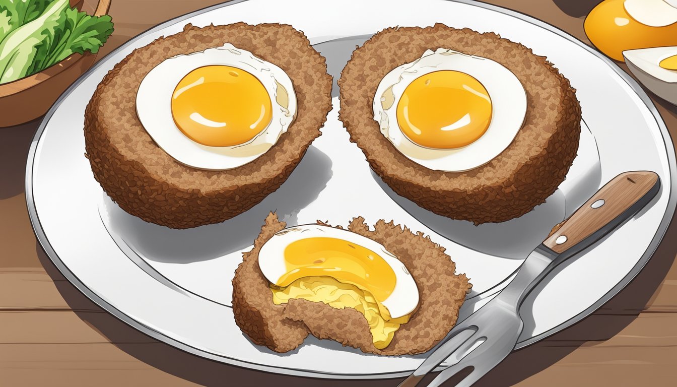 A scotch egg being sliced in half, revealing the golden-brown sausage meat and perfectly cooked hard-boiled egg inside