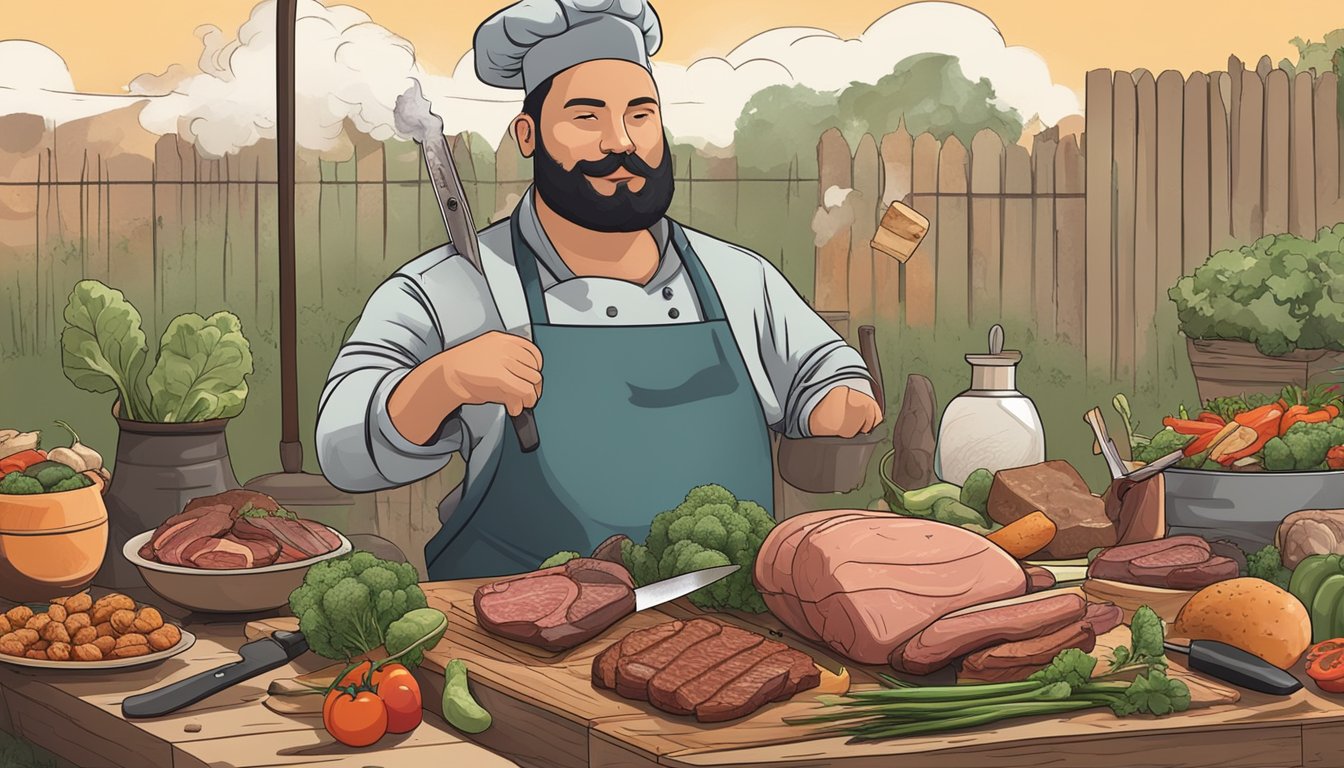 A backyard smoker surrounded by various types of meats and vegetables, with a chef's knife and cutting board nearby