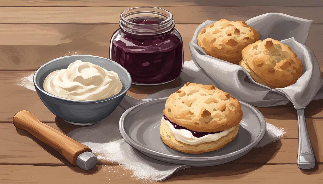 A freshly baked scone sits on a rustic wooden table, surrounded by a scattering of flour and a vintage rolling pin. A dollop of clotted cream and a jar of homemade jam complete the scene