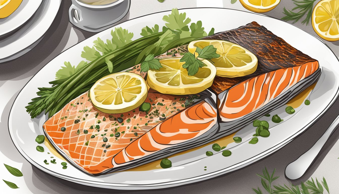 A salmon fillet on a white plate, garnished with lemon slices and fresh herbs, accompanied by a side of roasted vegetables and a drizzle of sauce