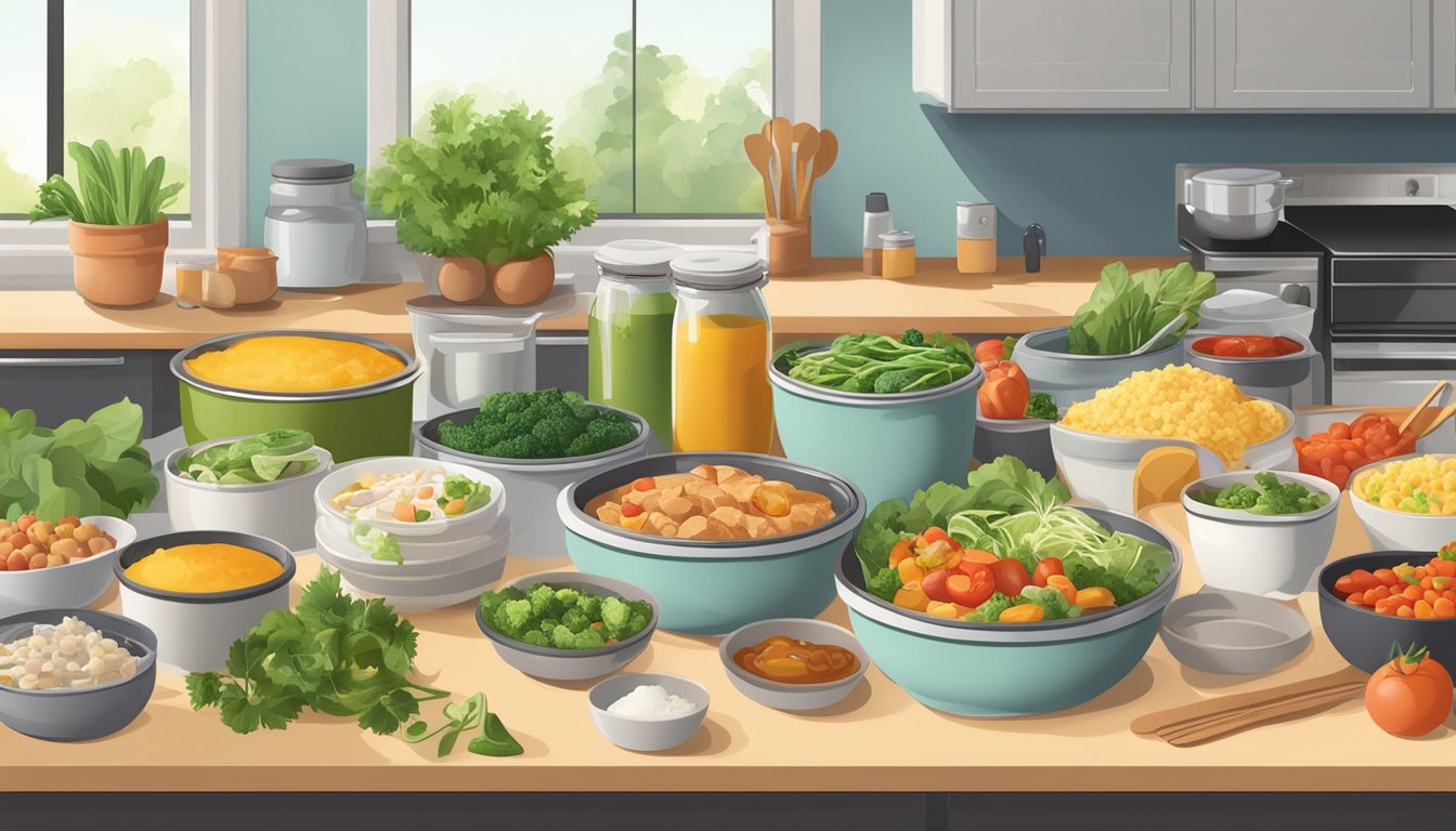 A kitchen counter with neatly arranged containers of prepped meals, surrounded by fresh ingredients and cooking utensils