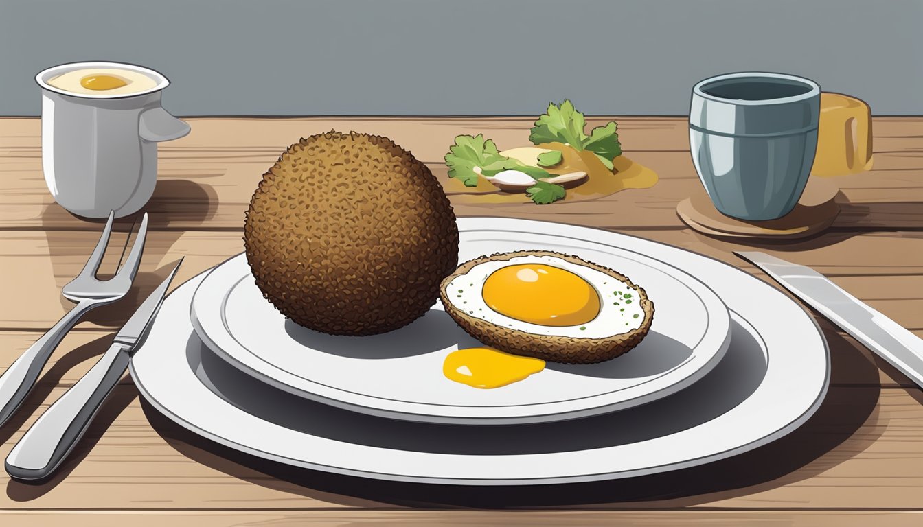 A scotch egg sits on a white plate next to a small dish of mustard. A knife and fork are placed neatly beside it