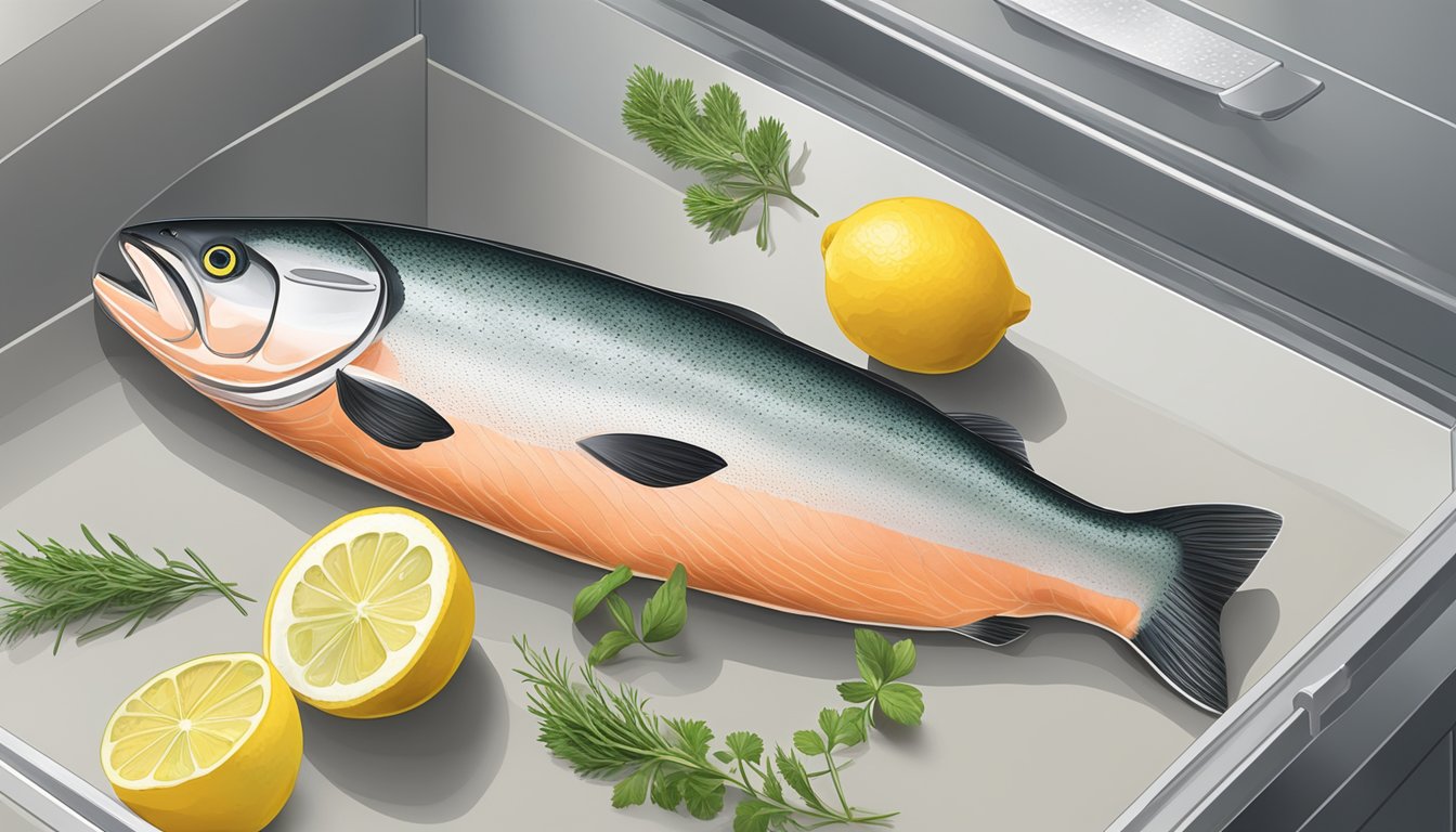 A salmon fillet is being stored in a refrigerator next to a container of herbs and a lemon