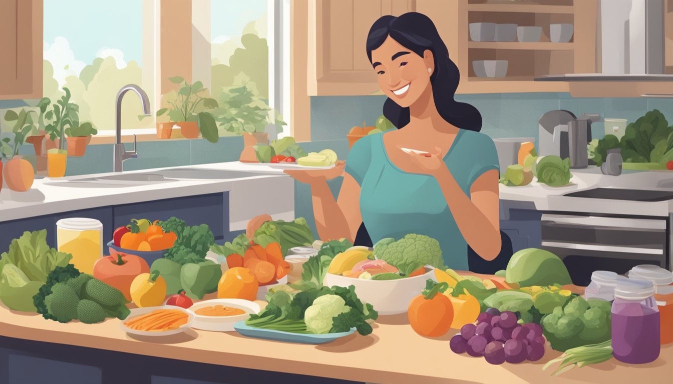 A breastfeeding mom sits at a kitchen table, surrounded by fresh fruits, vegetables, and containers of prepped meals. She smiles as she prepares nutritious food for herself and her baby