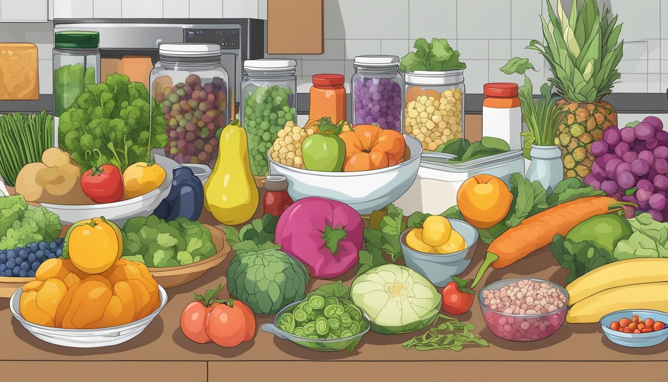 A kitchen counter with a colorful array of prepped fruits, vegetables, and proteins neatly organized in containers, alongside a few basic cooking tools