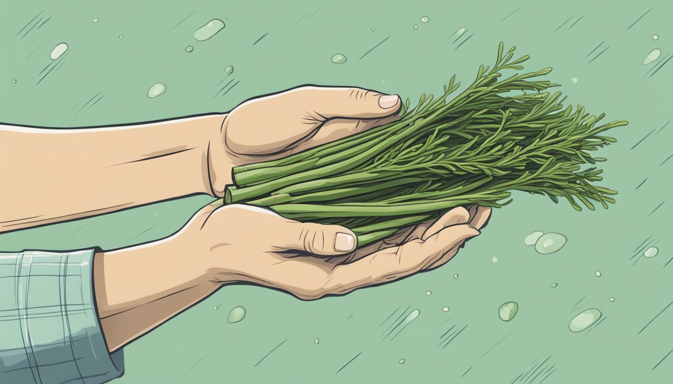 A hand reaching for a bunch of fresh samphire, ready to be rinsed and steamed before being enjoyed as a salty and crunchy side dish