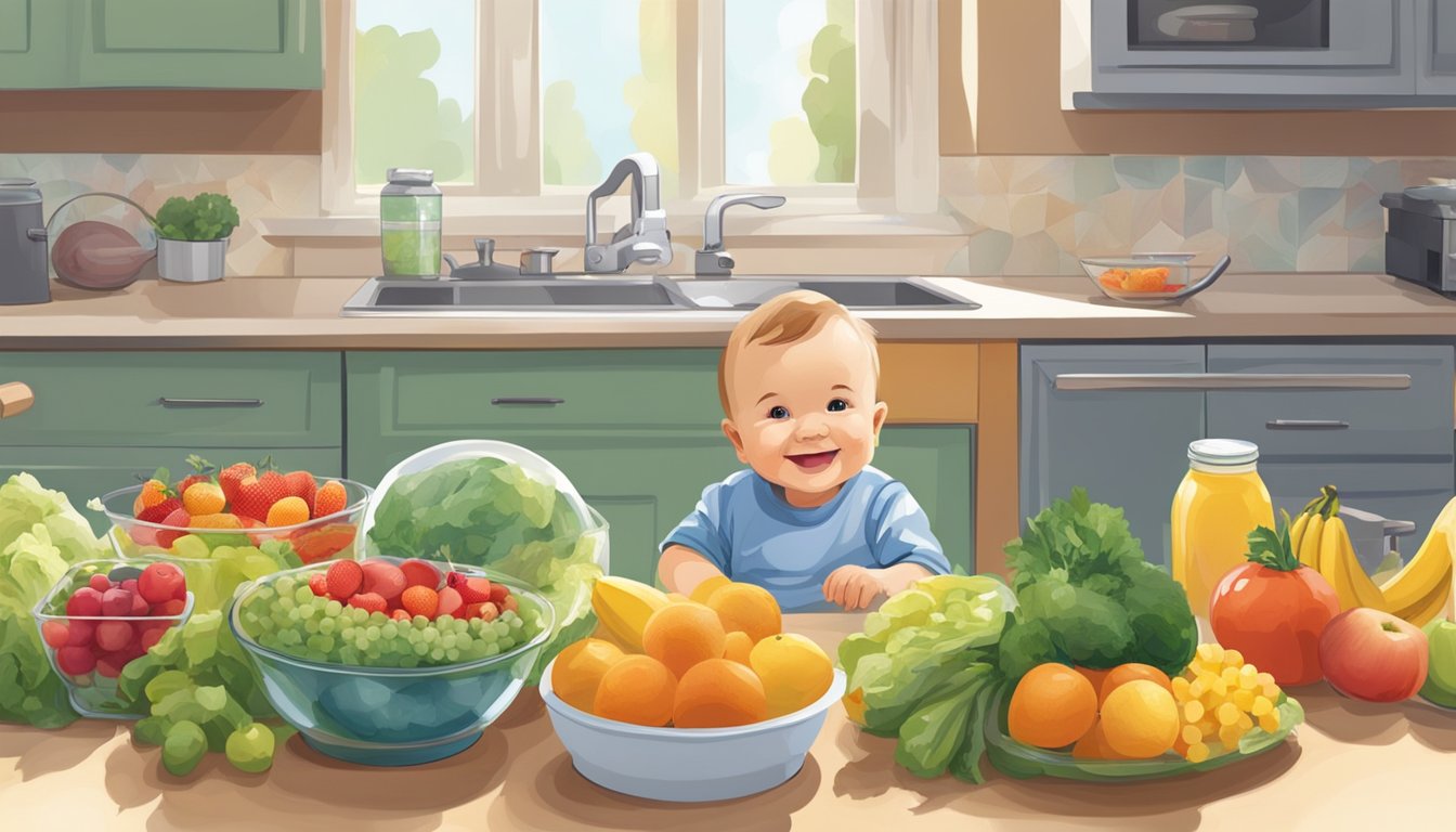 A kitchen counter filled with colorful fruits, vegetables, and containers of prepared meals. A smiling baby in a bouncer nearby